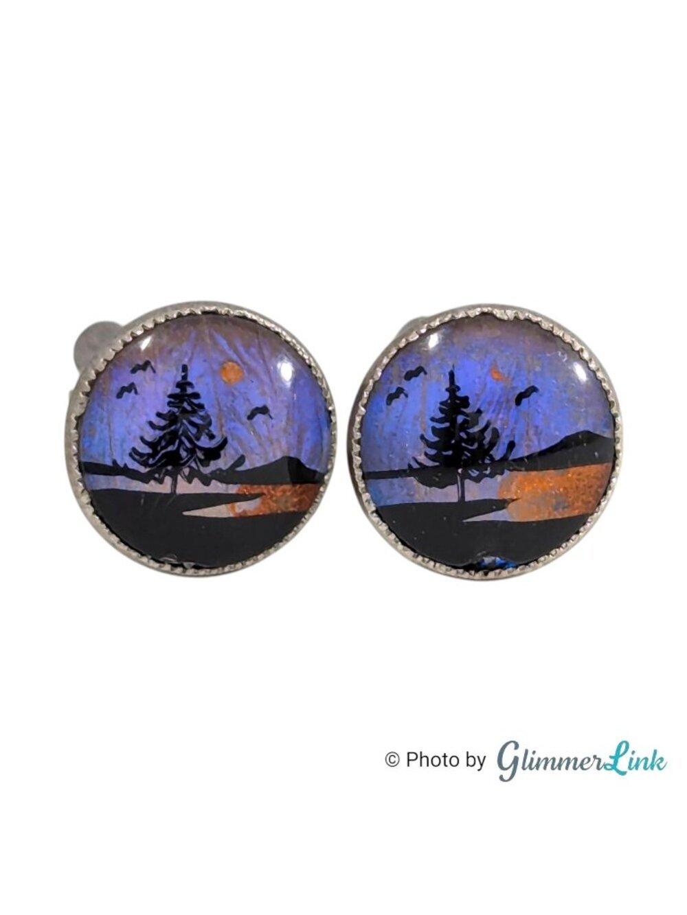 Vintage Butterfly Wing Landscape Cufflinks Hand Painted Scenic Silver Tone